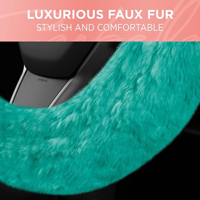 Carbella Aspen Mint Fuzzy Steering Wheel Cover for Women – Cute and Stylish Fluffy Fur Steering Wheel Cover for Cars Trucks Vans SUVs, Universal Fit for Wheel Sizes 14.5 to 15.5 inches