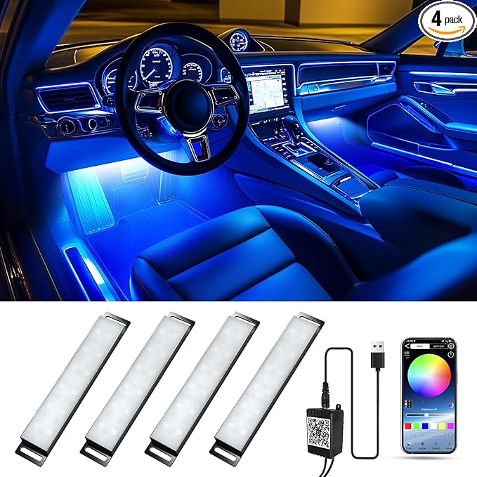 Honalia Interior Car Lights, 4Pcs Car LED Lights with Music Mode and Scene Options, Footwell Lighting for Car with Smart APP Control & USB Charger for Truck DC 5V