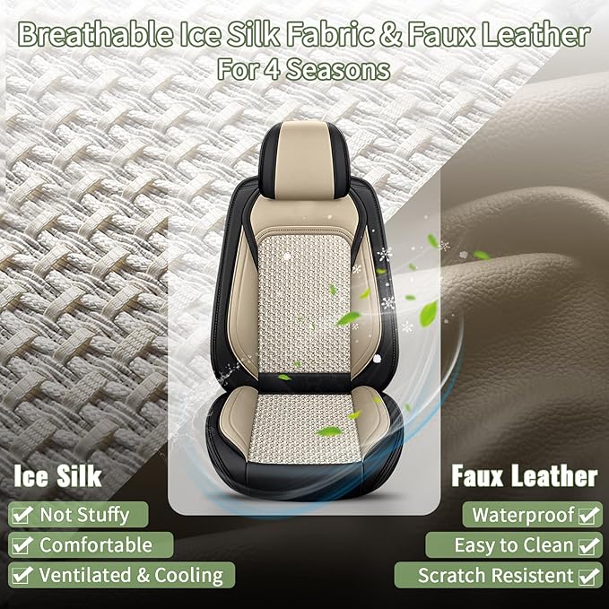 Car Seat Covers Full Set for Toyota 4Runner 2003-2025 2026, Breathable Cooling Ice Silk Leather Car Seat Covers, 5 Seats for Toyota 4 Runner Accessories (Black&Beige)
