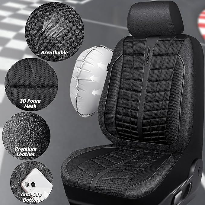 CAR PASS 3D Air Mesh Seat Covers for Car, Leather Car Seat Cover Front Seats, Breathable Foam Premium Leather Mesh Front Seat Covers Universal Fit for Cars Sedans Trucks Vans SUVs, All Black