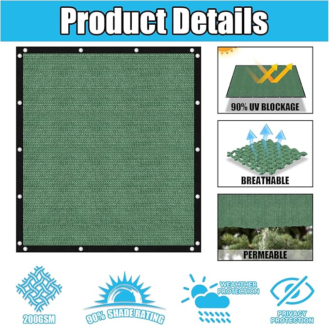 Amagenix 90% Pergola Shade Cover 7' X 12' Sun Shade Cloth with Grommets for Outdoor Garden Patio Porch, Commercial Grade 200 GSM - Cable Zip Ties Included (We Customized) GN108, Green