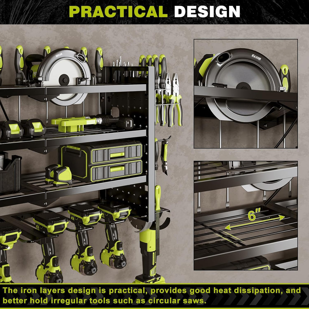 Power Tool Organizer Wall Mount with Charging Station 4 Layer 6 Slot Cordless Drill Holder with Angle Grinder Holder (Black)