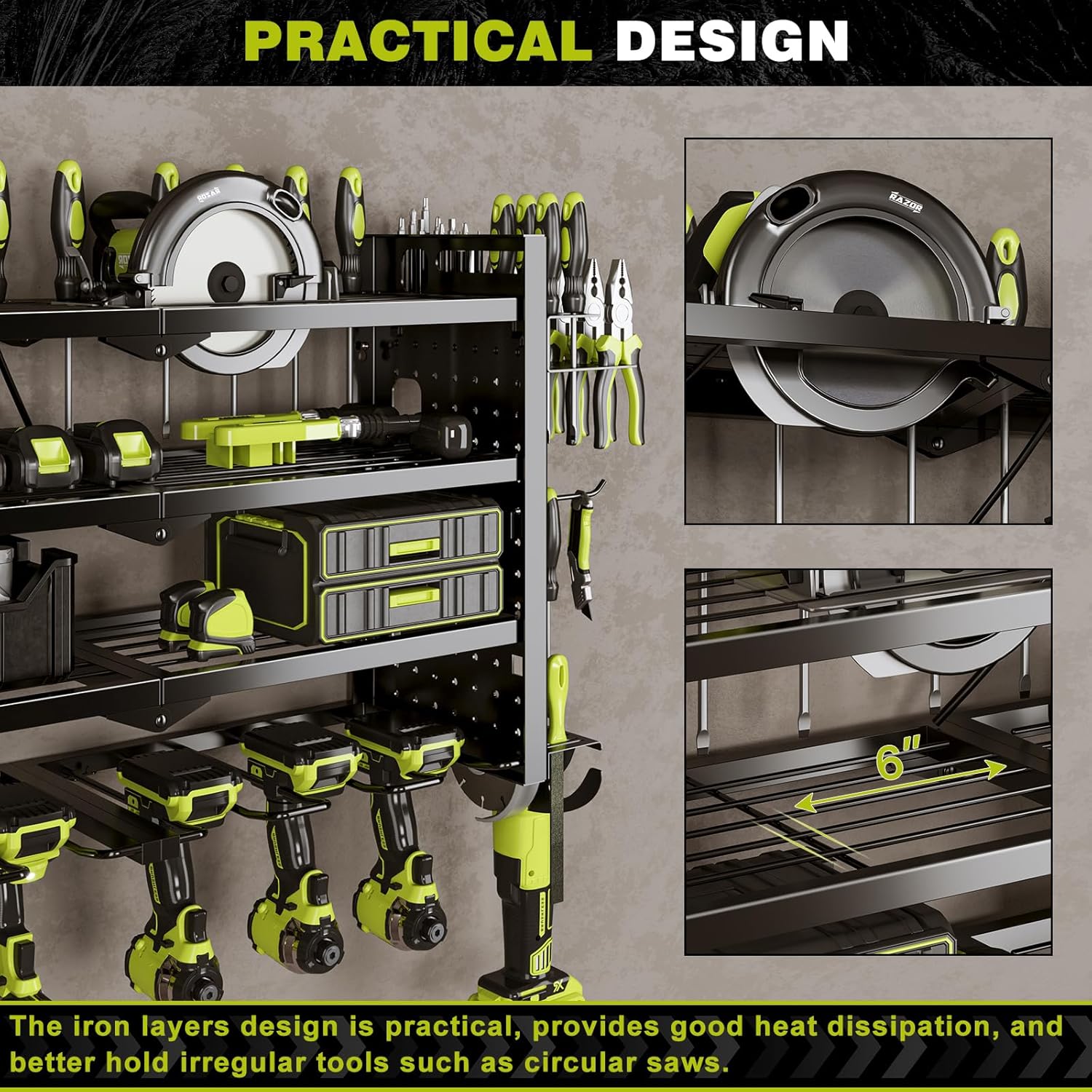 Power Tool Organizer Wall Mount with Charging Station 4 Layer 6 Slot Cordless Drill Holder with Angle Grinder Holder (Black)