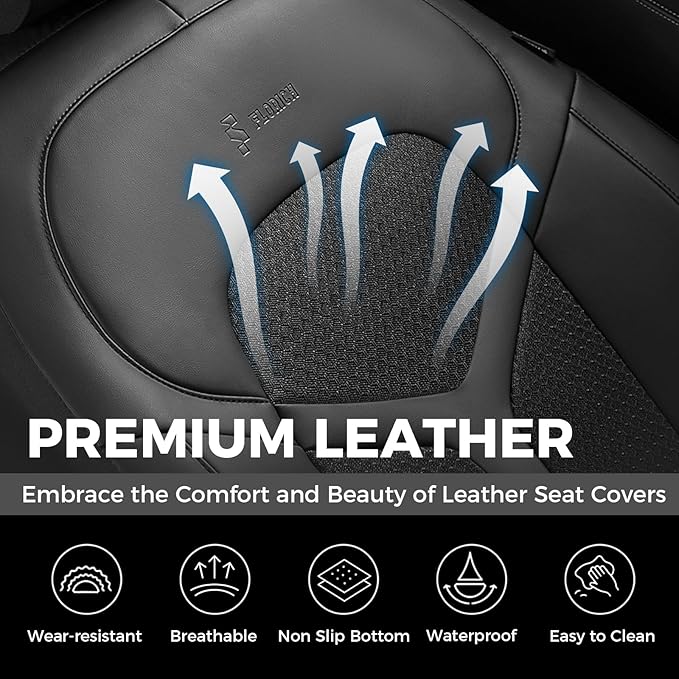 FLORICH Car Seat Covers Front Seat, Universal Seat Cover 2 Seats, Automotive Seat Covers with Mesh Leather, Waterproof Car Seat Protector, Breathable Car Seat Cushion for Most Car SUV Truck, Black