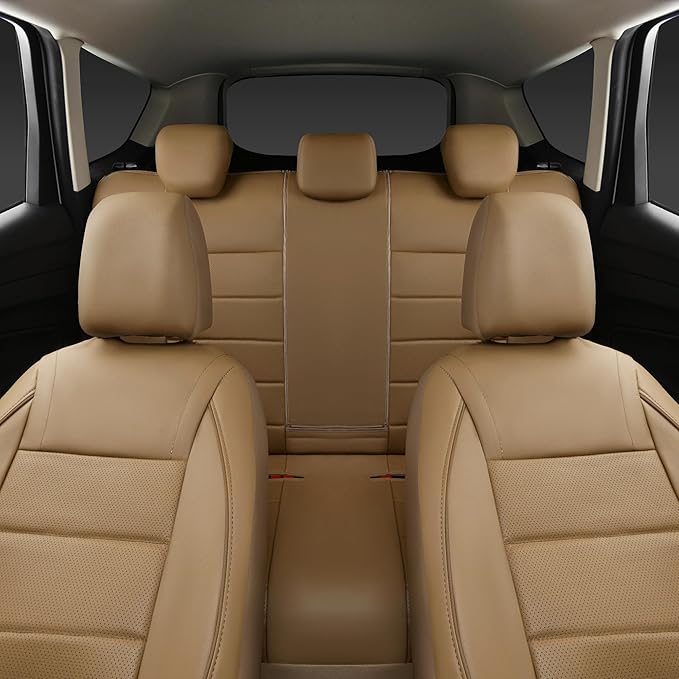 CAR PASS Piping Leather Seat Cover,Universal FIT with Composite Sponge Inside,Airbag Compatible and Reserved Opening Holes,Inside zipper for Cars,Sedan,SUV,Truck(Full Set,Beige with Tan Piping-Stripe)