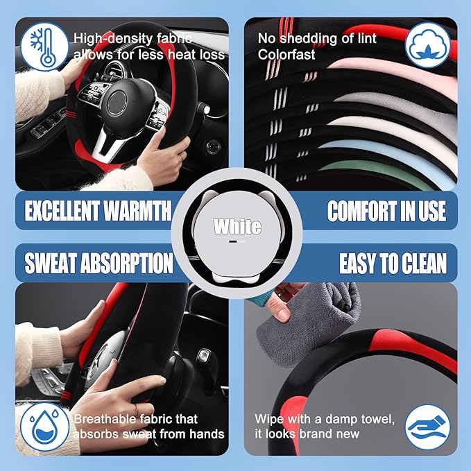 Furry Cute D Shaped Steering Wheel Cover, Soft Fluffy Short Plush Auto Accessories, Non-Slip Cold-Proof Sweat-Proof Colorfast, Universal 15 inch(Black with White)