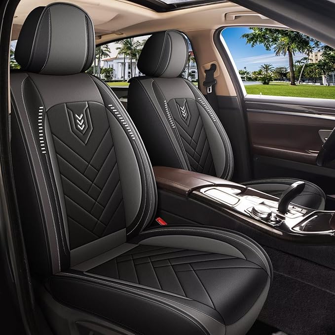 AOMSAZTO 2 Front Seat Covers Fit for Mazda 6 2010-2021: First Row 2PCS Faux Leather Waterproof Seat Covers Automotive Seat Cushion Protector(Black&Grey)