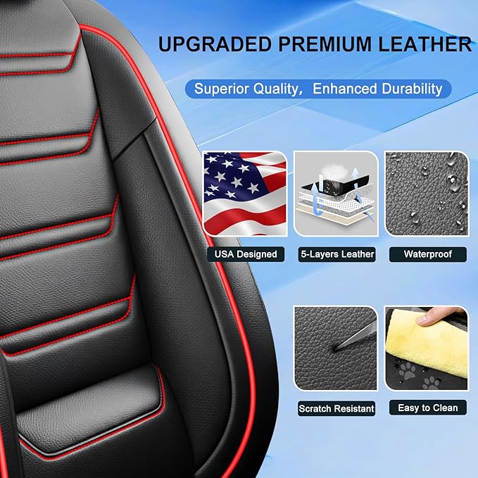 Fit Colorado Car Seat Covers (Front Pair) for Select Chevy/Chevrolet Colorado 2015-2026 - Premium Full Coverage Leather, Waterproof & All Weather Seat Cushion Protector, Black with Red Trim