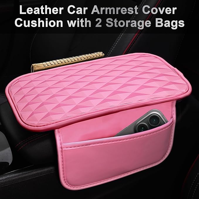 CAR PASS 3D Rhombus Leather Steering Wheel Cover Car Accessories Set, Comfortable Center Console Armrest Cushion with Storage Bags 2 Non-Slip Cup Coasters, 14.5-15in Cute Car Interior Sets, 4 PCS Pink