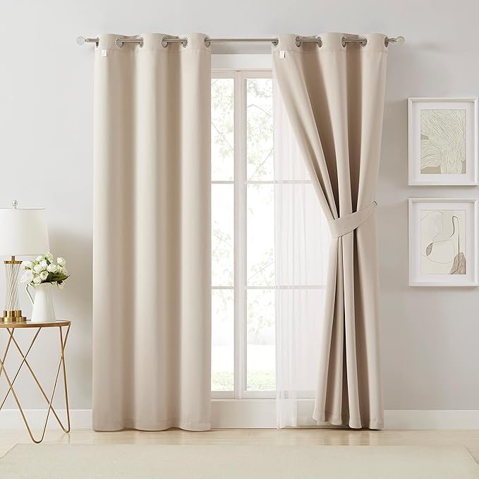 Bujasso Beige 80% Blackout Curtains with Sheer Overlay Mix and Match Double Layer Thermal Insulated Window Panels 95 inch for Living Room Bedroom Beige Drapes with Tiebacks Grommet Top 37" Wx95 Lx2