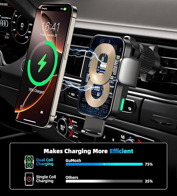 Dual Coil 15W Cup Phone Holder Mount,Wireless Car Charger Auto-Clamping Fast Charging Vent Phone Holders for Your Car for iPhone 17/16/15,Samsung Flip S25 S24 S23 S22 Ultra
