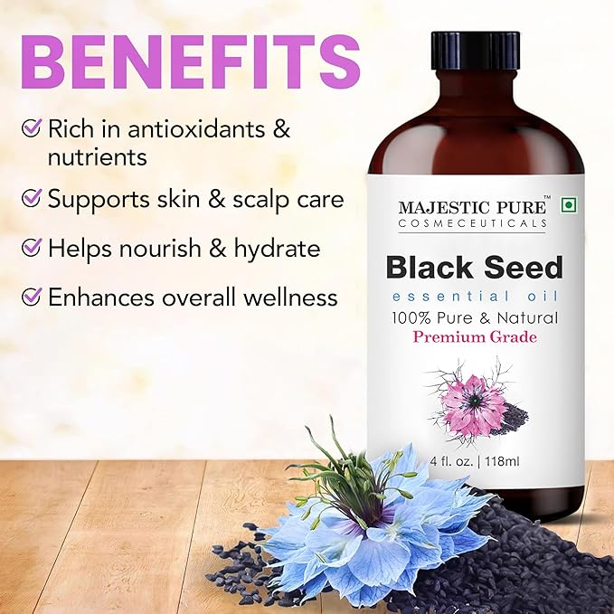 Majestic Pure Essential Oil with Glass Dropper - 100% Pure and Natural - Essential Oils for Diffuser, Aromatherapy, Soap and Candle Making, Blackseed Essential Oil, Blackseed Oil, 4 Fl Oz