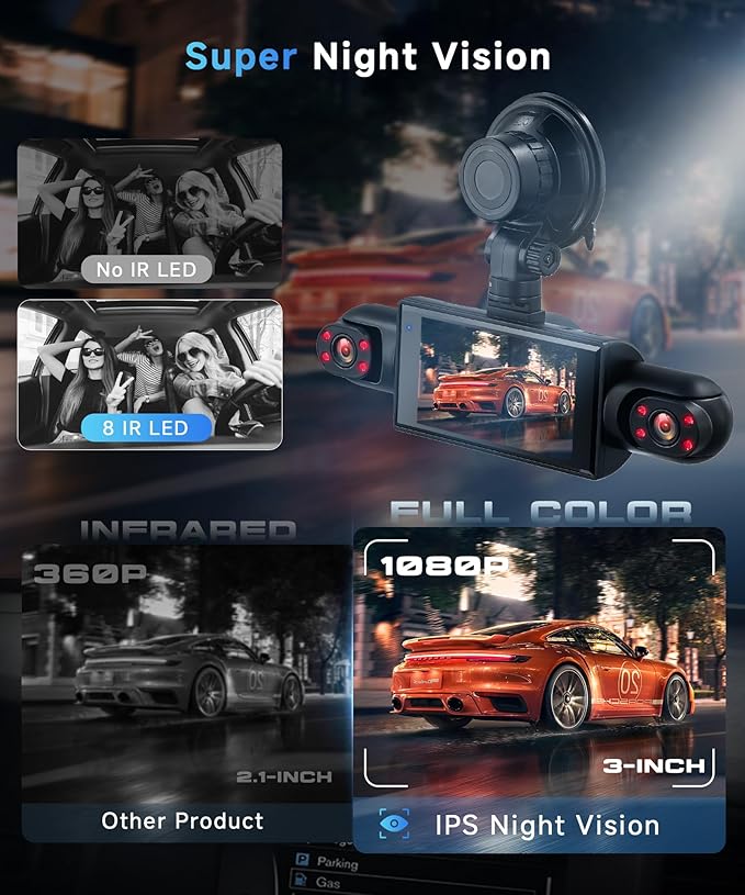 360°Dash Cam Front and Rear Inside Left Right, 4 Channel FHD 1080P Dash Cam for Cars,3 Inch Dashcams with Night Vision, Loop Recording, Motion Detection, 24H Parking Mode Monitor,Reverse View