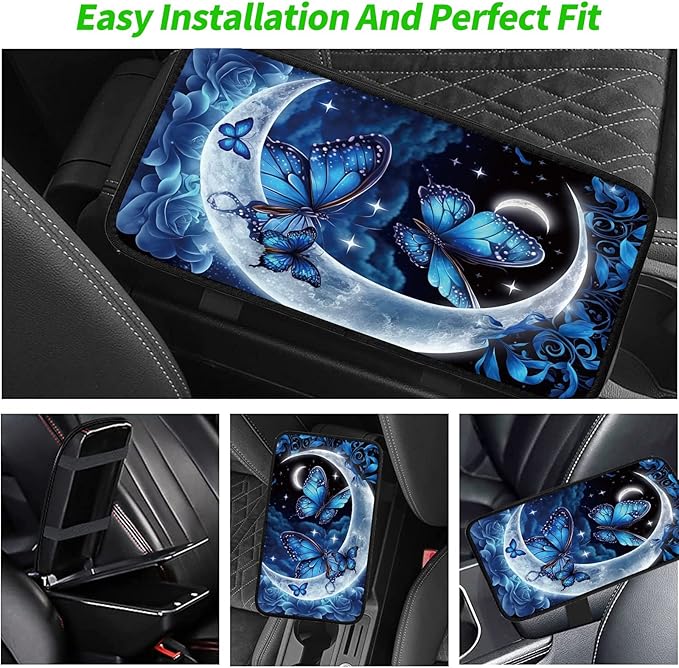 Car Armrest Cover Pads Universal Fashion Cute Auto Center Console Armrest Cover Pad with 2PCS Car Coasters Soft Waterproof Car Armrest Seat Protector for Women Girls, Blue Moon Butterflies
