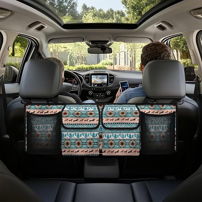 Aztec Ethnic Horse Large Capacity Car Trunk Organizer, Waterproof Oxford Backseat Hanging Storage Bag with 4 Pockets, Foldable Car Organization for Car Tools, Car Accessory for SUV Truck