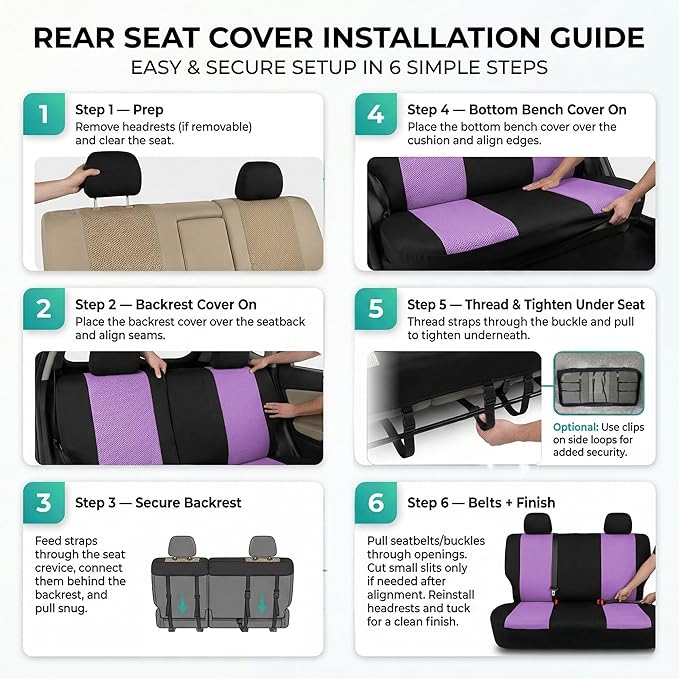FH Group Automotive Rear Car Seat Covers for SUV, Trucks, Sedan and More - Universal Fit Rear Solid Bench Design Interior Accessories - 3D Mesh Fabric Center Panel - Purple