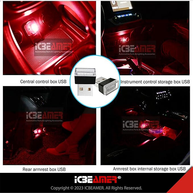 ICBEAMER USB Type-A LED Night Light 2-Pack (Red) | Plug-in Universal Fit Automotive Accessory for Car Interior and Trunk Ambient Atmosphere Lighting