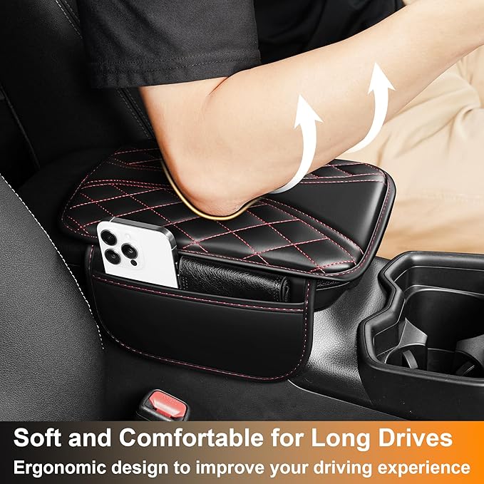 Car Center Console Cover Fit for Jeep Wrangler - Leather Armrest Covers with 2 Storage Pockets(Black&Red)