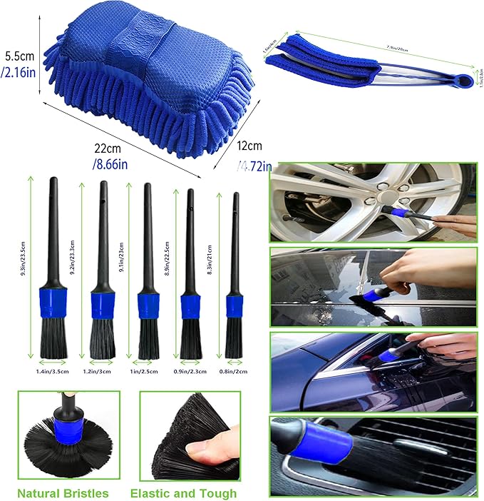 Car Detailing Kit-Car Wash Kit-Detailing Brush Set- Cleaning Kits with Windshield Cleaner and Wash Sponge--Car Interior Cleaning Kit-Car Cleaning Supplies for Windows, Dashboard, Air Vents (blue)