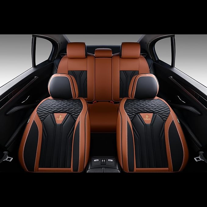 FLORICH Leather Seat Covers, Seat Covers Full Set, Car Seat Protectors 5 Seats,Automotive Seat Covers Fit for Most Cars Trucks-Brown&Black