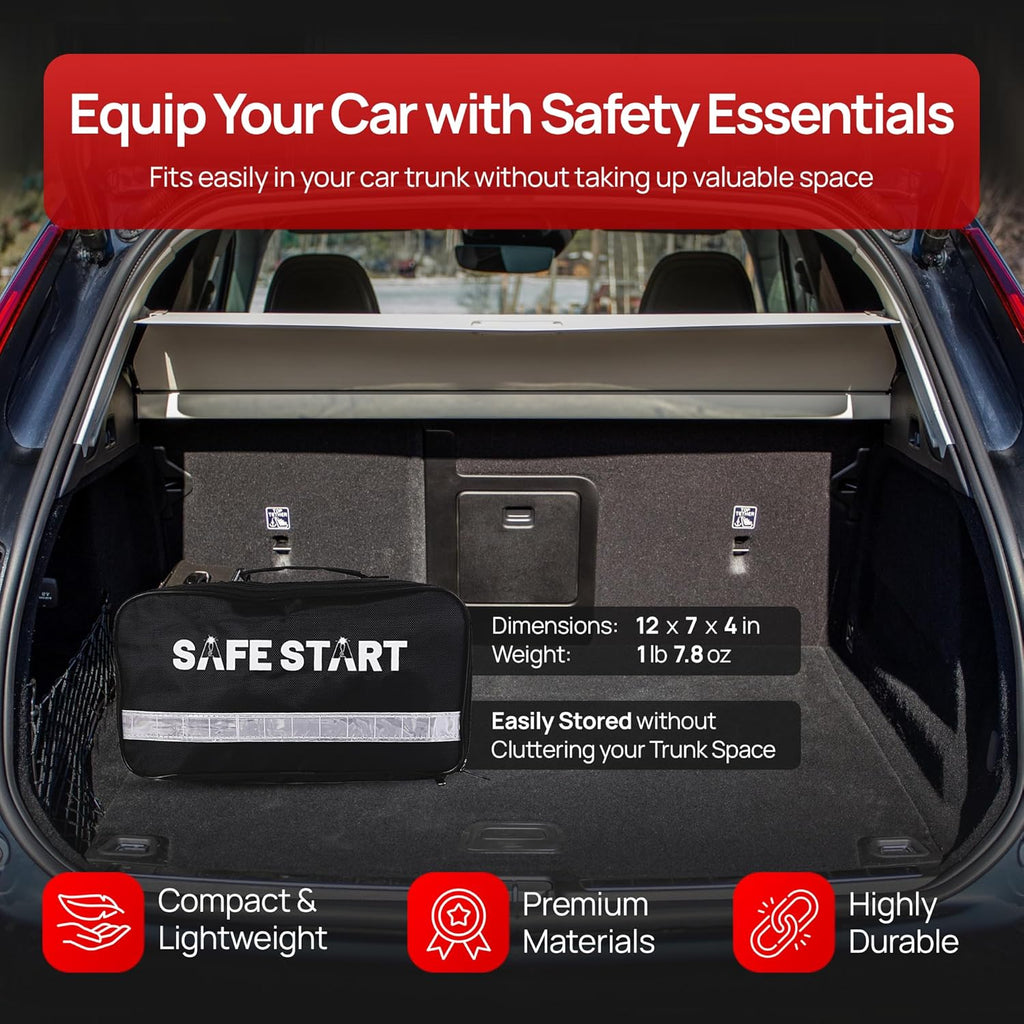 Car Emergency Kit - Car Safety Kit with First Aid, Safety Hammer, Reflectors, Gloves, Ice Shovel - Compact Roadside Tool Kit for Repairs, Snow, Accidents - Protect Your Family on The Road