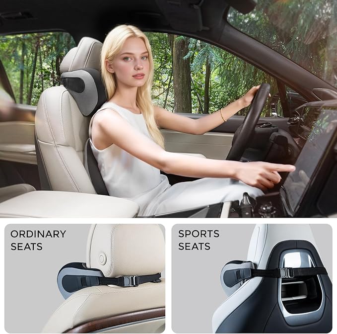 BEBAS Car Headrest Pillow, Memory Foam Neck Support Pillow for Cars - Ergonomically Designed for Long Drives, Travel & Commuting, Pain Relief with Removable & Washable Cover (Black Gray, 1-Pack)