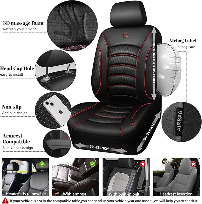 CAR PASS 3D Foam PU Leather Car Seat Covers, Universal Seat Covers Front 2 for Trucks SUV Sedan Automotive Seat Covers Armrest Airbag Compatible Waterproof Comfortable Faux Nappa Leather Black Red