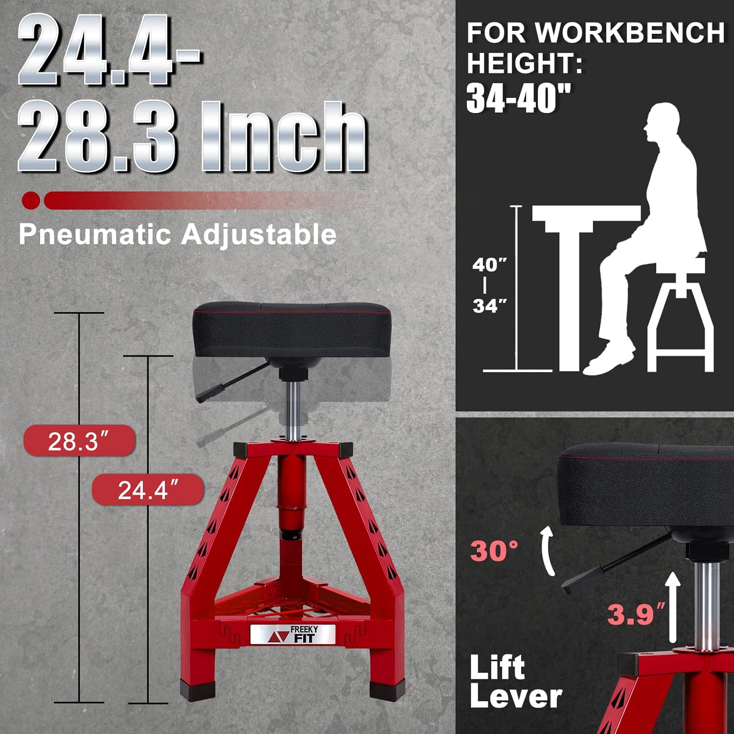 Adjustable Shop Stool,Garage Mechanic Stool Chair,Work Seat for Workshop, Adjustable Height, 360° Swivel Padded Square Seat,Tool Storage, 350 LBS Capacity, Heavy Duty, Red