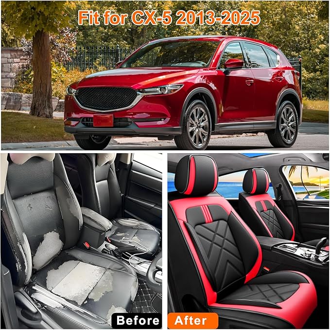 CX-5 Car Seat Covers Custom Fit for Mazda CX-5 2013-2025 2026, Full Coverage Leather Waterproof Breathable Seat Covers, Automotive Seat Protectors, Airbag Compatible(2 Front Seats, Red & Black)