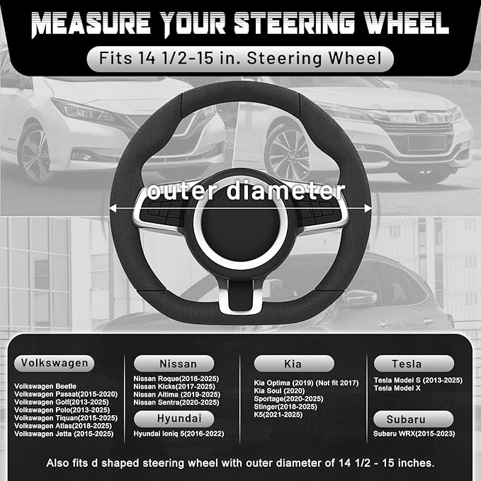 SEG Direct Flat Bottom Steering Wheel Cover, D Shaped Car Wheel Cover 14 1/2-15 in. (37-39 cm), Black White Embossed Microfiber Leather