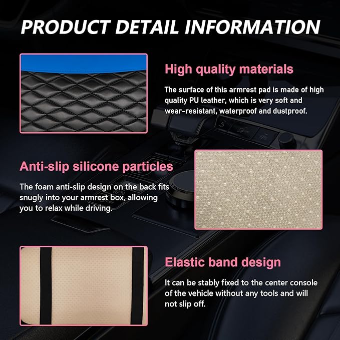 Car Center Console Cushion Pad, PU Leather Waterproof Auto Armrest Box Cover Protector, Comfortable Armrest Seat Box Cover Mat, Universal Car Accessories for SUV Truck (Blue)