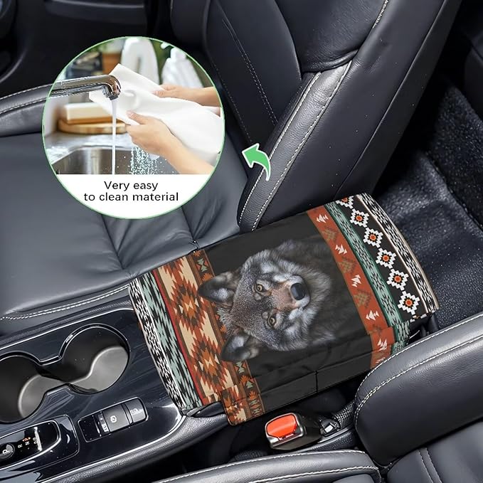 Wanyint Aztec Wolf Black Car Center Console Cover Scratch Resistant Armrest Seat Box Cover with Organizer Pockets Console Lid Protector Cushion Fit for Most Cars Vehicles SUVs