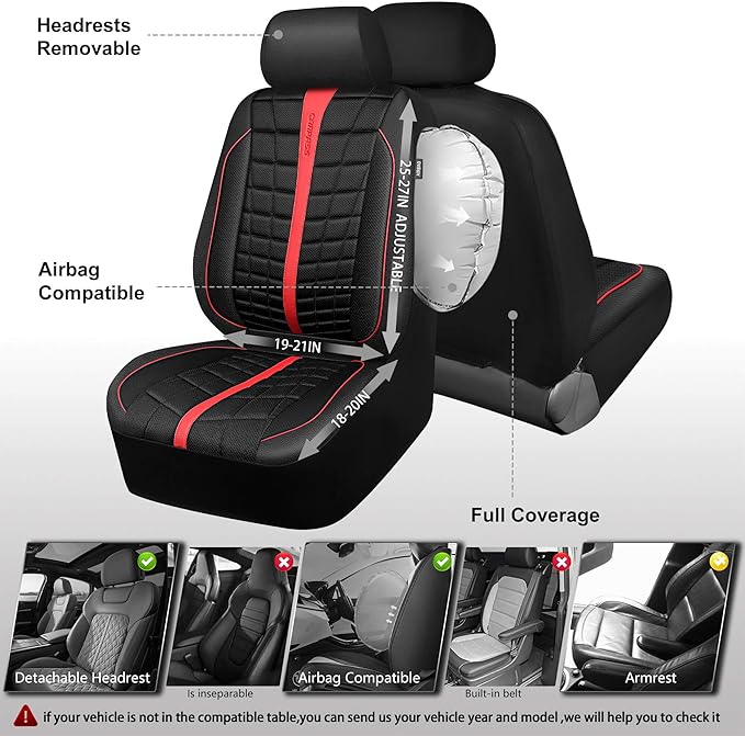 CAR PASS Leather Air Mesh Seat Covers for Cars, 3D Foam Leather Car Seat Cover Front Seats, Breathable Premium Mesh Leather Front Seat Covers, Universal Fit for Cars,Trucks,Sedan,SUV, Black Red