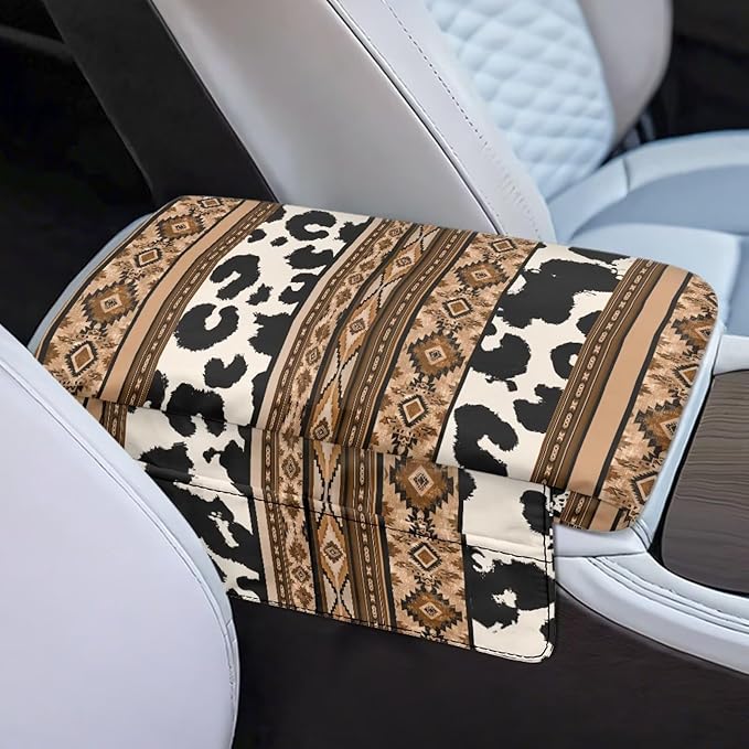 Tupalatus Aztec Car Armrest Cover Breathable Cow Print Armrest Cushion Cover Pad Waterproof for Car Center Console Replacement with Storage Bags Fit for Most Vehicle, SUV, Truck