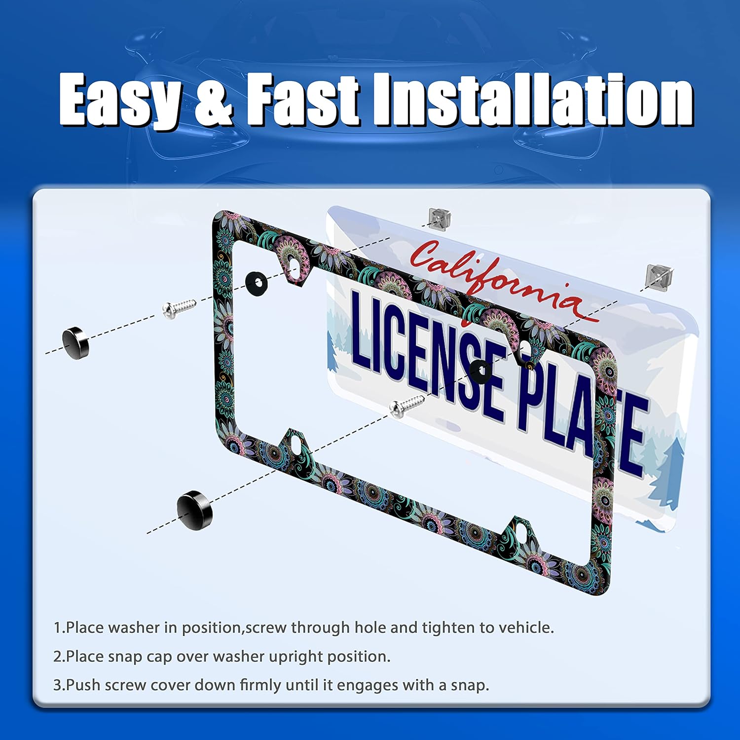 Mandala Flower License Plate Frame License Plate Stainless Steel Parts Funny License Plate Decorative with Screws Size 12.3" x 6.3" for Men Women