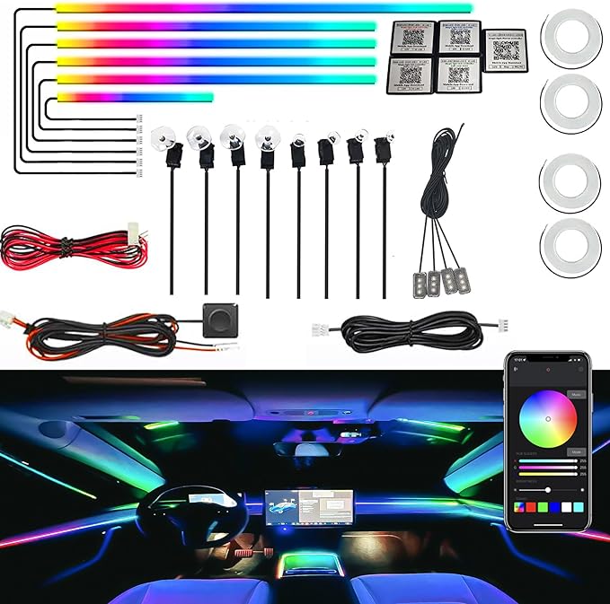 Dreamcolor Acrylic Interior Car LED Strip Light, RGB 22 in 1 Fiber Optic Ambient Lighting Kits, 16 Million Colors Sound Active Function Car Neon Lights with Wireless APP