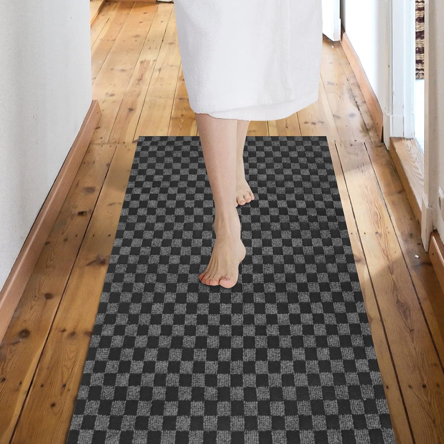 Custom Size Backed Non-Slip Area Rugs Runner, Easy Clean, Waterproof Runner Rugs for Hallway Entryway, Kitchen, Laundry, 4FT x 39FT, Gray Checkered