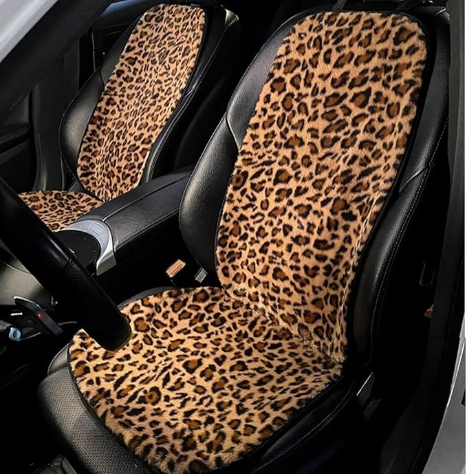 Leopard Print Car Seat Covers Fluffy Front Rear Car Seat Covers Set Lumbar Support Pillow Car Accessories for Women (backrest) (Front seat Cover)
