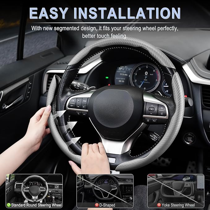 Amiss 3pcs Carbon Fiber Anti-Skid Steering Wheel Cover, Waterproof & Segmented Butterfly Design, Universal 99% Vehicle Wheel Cover Protector, Car Interior Accessories (Gray)