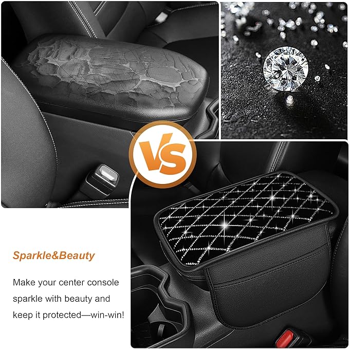 Center Console Cover Fit for Kia Soul 2010-2025 with 2 Storage Bags Quilted-Studded Leather Quilted Pattern Car Armrest Cover Cushion Anti-Slip(Black&Quilted)