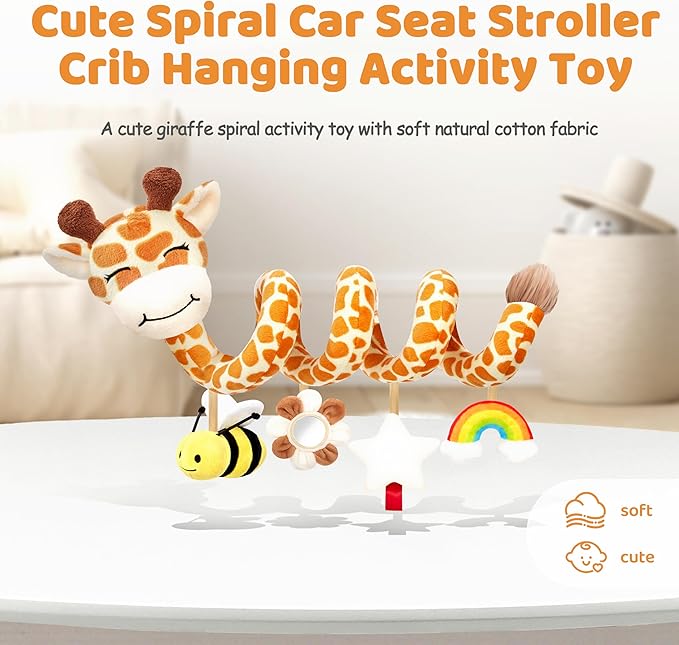 Stuffed Spiral Car Seat Baby Toys 6-12 Months, Infant Giraffe Sensory Toys Hanging Stroller Accessories, Newborn Shower Gifts for Baby Boys Girls Essentials | Cute Colorful Giraffe