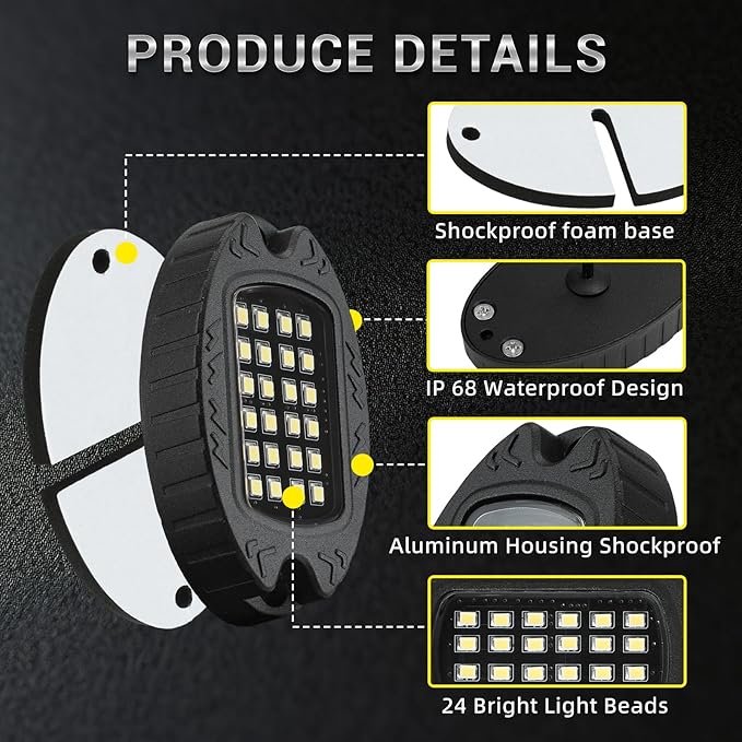 8 Pods Alloy Pure White LED Rock Lights for Truck Offroad ATV UTV RZR SUV Boat, Metal 6500K 24 LEDs White Neon Underglow Light with Switch Extension Harness, Under Trail Rig Fender Lighting