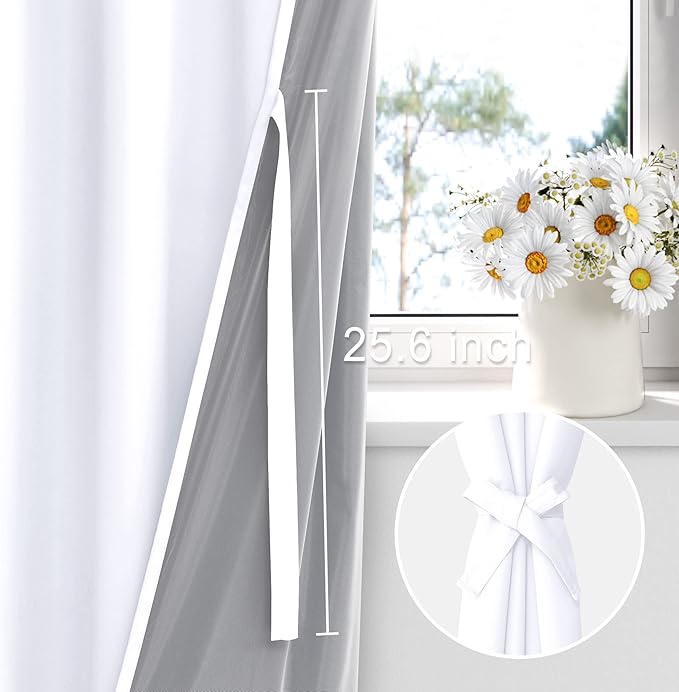 XWZO White 100% Blackout Curtains with Tiebacks- 2 Thick Layers Completely Shaded Window Treatment Thermal Insulated Lined Drapes with Grommets for Bedroom/Laundry, White, W38 x L54, Set of 2 Panels