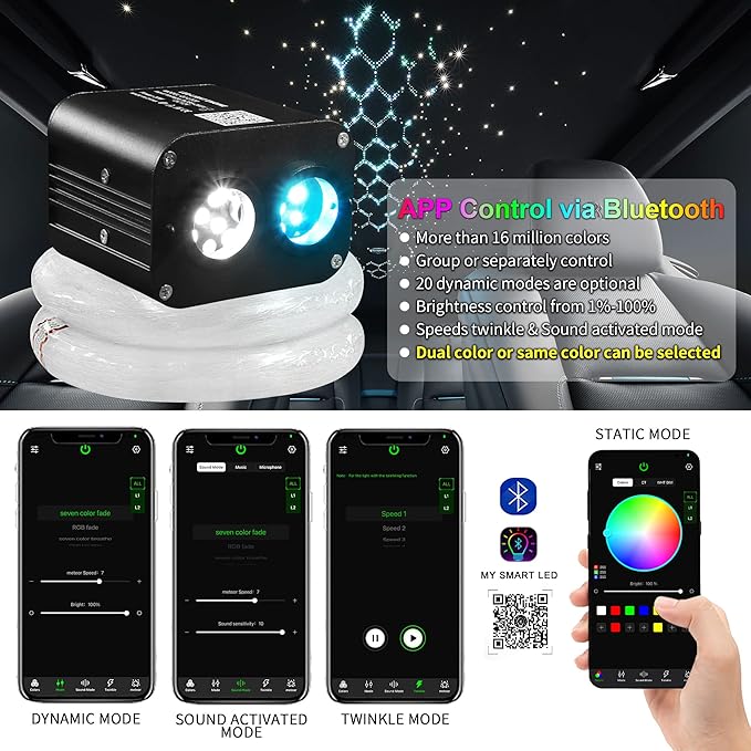 ATOKEE Dual Color Twinkle 600pcs Starlight Headliner Kit, 0.03in 9.8ft 20W Fiber Optic Star Lights for Car Roof Use, Control by APP/Remote