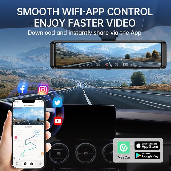 4K Rear View Mirror Camera, 12'' Mirror Dash Cam, 4K/2.5K Backup Camera for Car, WiFi/GPS Dash Cam Front and Rear with 32GB Card, APP, Voice Control, WDR Night Vision, Reverse Assist (Black)