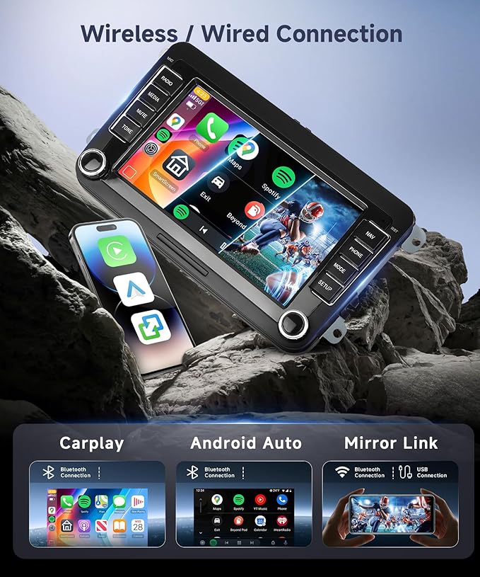 8 Core 6G+128G Android Car Stereo for VW Golf MK5 MK6 Passat Jetta Tiguan T5 EOS Polo with Wireless CarPlay Android Auto, 7” Touchscreen Car Radio GPS WiFi SWC Bluetooth 32EQ Backup Camera