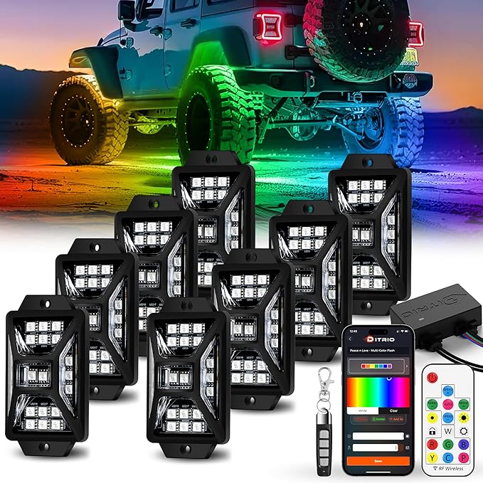 8 Pods Five Sided RGB Rock Lights for Trucks Jeep UTV SUV ATV Golf Cart, Multi Chasing Color App/Remote Control Led Rock Lights with Music Mode, Waterproof Exterior Underglow Kits for Cars(Patented)
