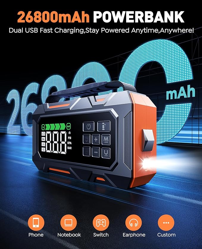 TREKURE 16-in-1 8000A Car Battery Jump Starter with Air Compressor 160PSI, Jump Starter Jump Box (All Gas 12L Diesel) with Portable Jumper Cables, Auto-Shutoff Tire Inflator, Gloves, Tow Rope