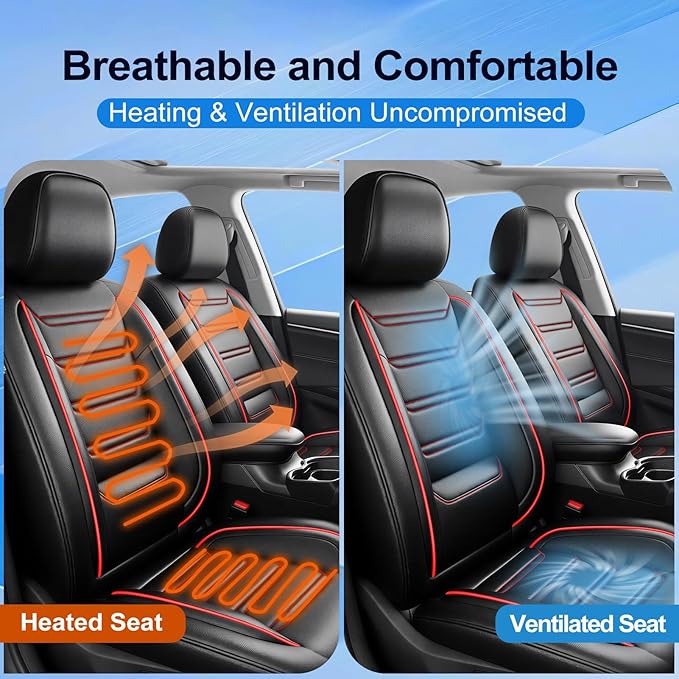Fit CX-50 Car Seat Covers (Front Pair) for Select Mazda CX50 2023-2026 - Premium Full Coverage Leather, Airbag Compatible, Luxury Waterproof & All Weather Breathable Seat Protector, Red Trim