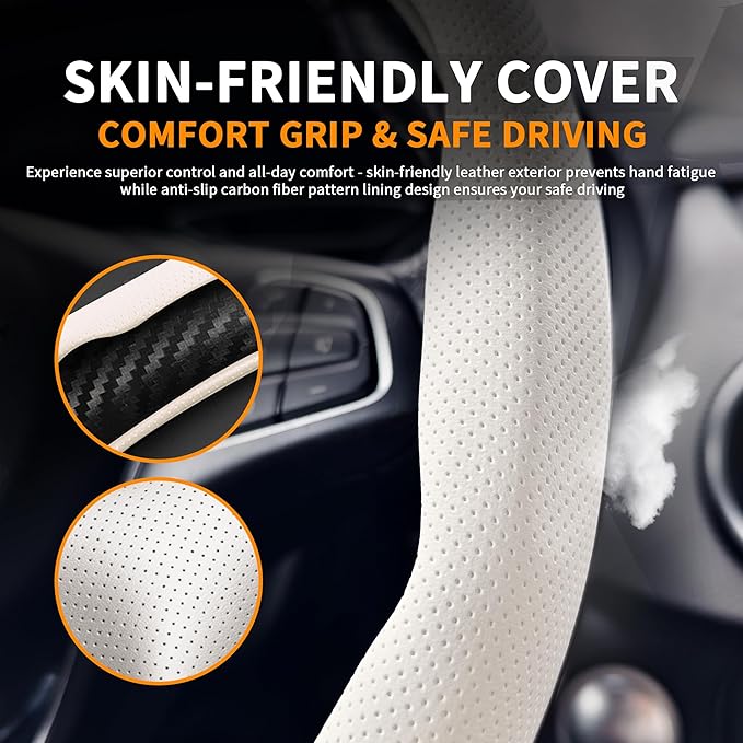 Nappa Leather Steering Wheel Cover, Universal 15 Inch Snap On Car Steering Wheel Cover for Men/Women, Comfortable & Breathable Microfiber Car Accessories Interior (White)